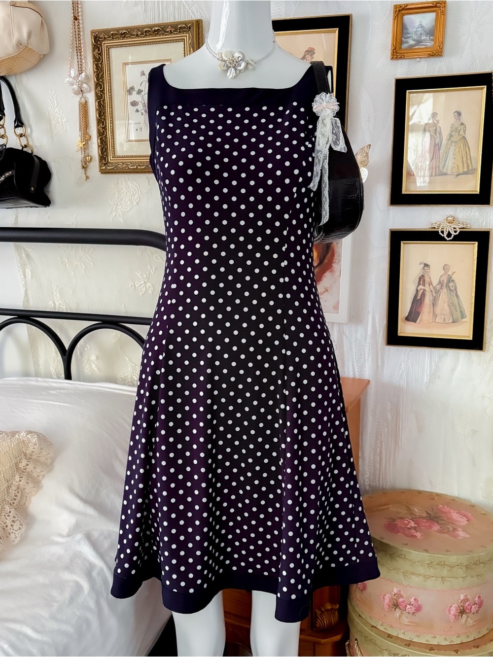 Coquette retro summer girly square neck navy polka dot long dress